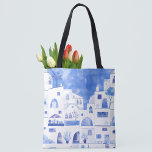 Bolsa Tote Santorini - Ilhas Aquarela Gregas<br><div class="desc">Pintura de paisagem branca e azul de aquarela baseada na ilha grega de Santorini.</div>