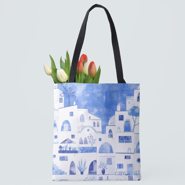 Bolsa Tote Santorini - Ilhas Aquarela Gregas (Santorini blue and white watercolor painting on a tote bag)