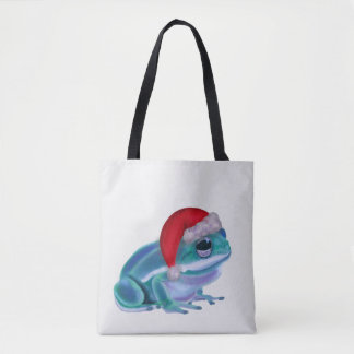 Bolsa Tote Sapo azul com chapéu de Papai Noel.
