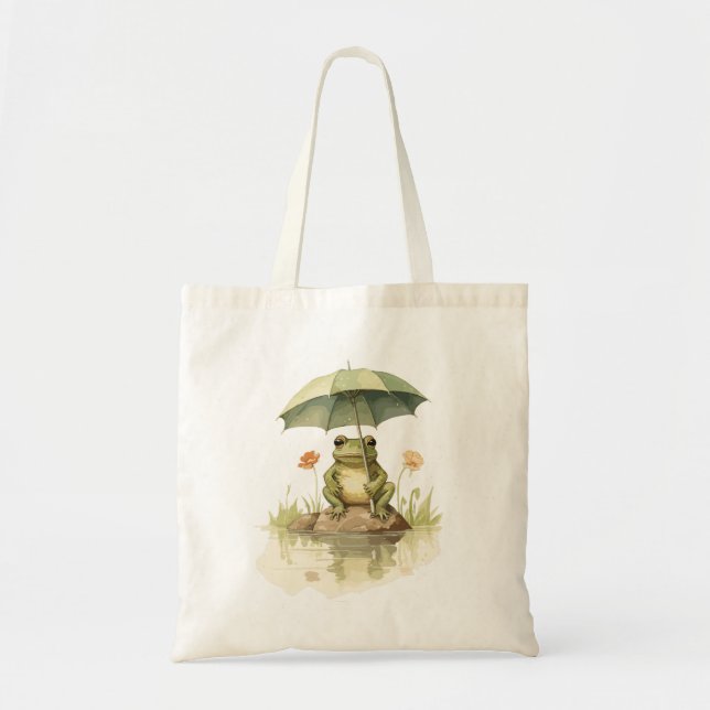 Bolsa Tote Sapo bonito com guarda-chuva no lago (Frente)