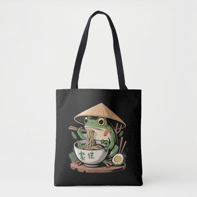 Bolsa Tote Sapo Comendo Ramen Kawaii Neko Macarrão Japonês  (Frente)