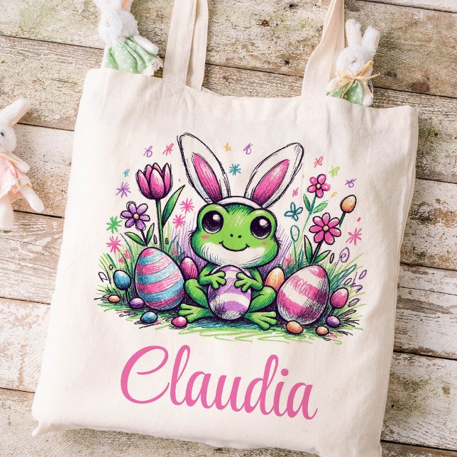 Bolsa Tote Sapo Páscoa Crianças Nome Raparigas Coelhinho (Frog Girls Easter Tote)