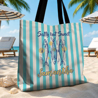 Bolsa Tote Sardinha cítrica náutica azul listrada em turquesa