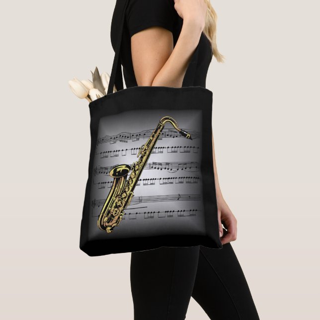 Bolsa Tote Saxofone ~ 3 D Sheet Music ~ Travesseiro Cinza/Bla (Close Up)
