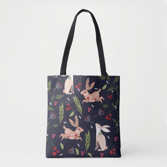 Bolsa Tote Scandinavian Folart Bunny Impressão (Frente)