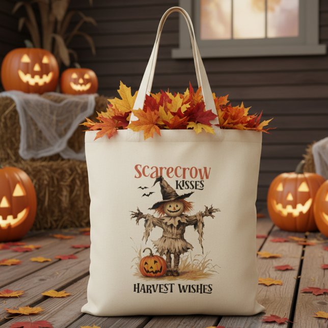 Bolsa Tote Scarecrow Kisses e Harvest Deseja o outono (Scarecrow Kisses and Harvest Wishes Vintage Autumn Tote Bag)