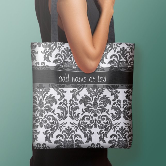 Bolsa Tote Script de Cor damasco do Quadro Preto e Branco (Add your name to this personalized tote bag)