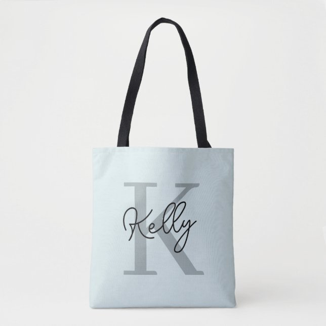 Bolsa Tote Script de Monograma Azul Aqua Moderno (Frente)