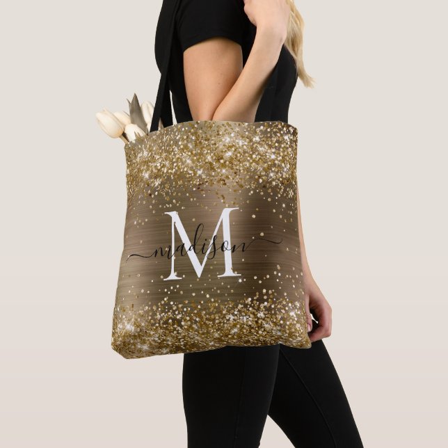 Bolsa Tote Script de Monograma de Metais Dourados Amarelo com (Close Up)