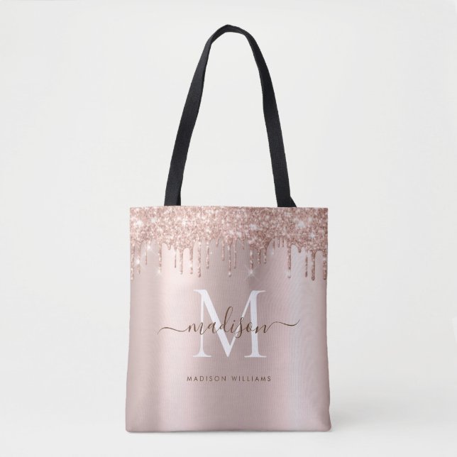 Bolsa Tote Script de Monograma Dourado de Glitter Elegante Mo (Frente)