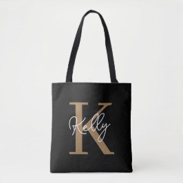 Bolsa Tote Script de Monograma Dourado Preto Moderno