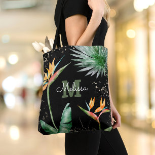 Bolsa Tote Script de Monograma Floral de Ilha Tropical Dourad