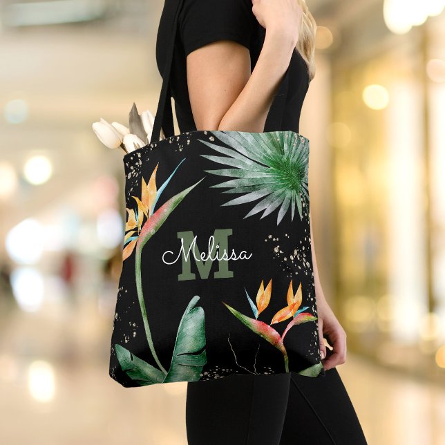 Bolsa Tote Script de Monograma Floral de Ilha Tropical Dourad (Criador carregado)