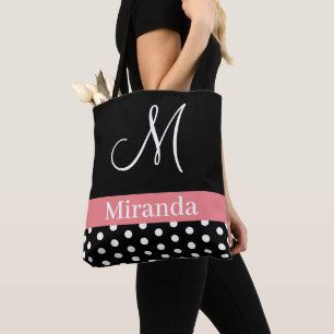 Bolsa Tote Script de Monograma Rosa Branco Preto do Bolinhas