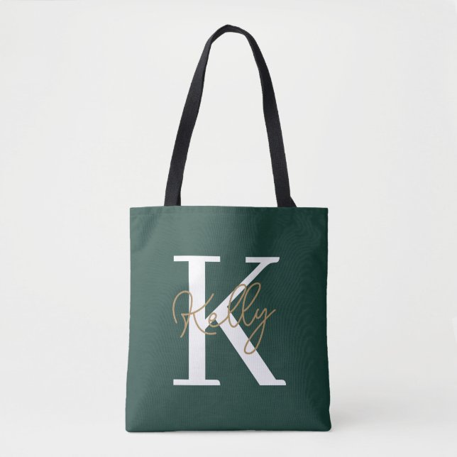 Bolsa Tote Script de Monograma Verde Moderno Emerald (Frente)