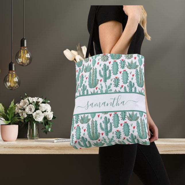 Bolsa Tote Script de nome verde branco Cactus (Criador carregado)