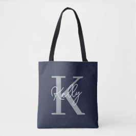 Bolsa Tote Script do Monograma Azul do Marinho Moderno