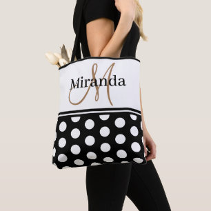 Bolsa Tote Script do Monograma do Black White Bolinhas
