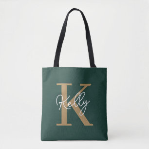 Bolsa Tote Script Dourado Monograma do Emerald Green moderno