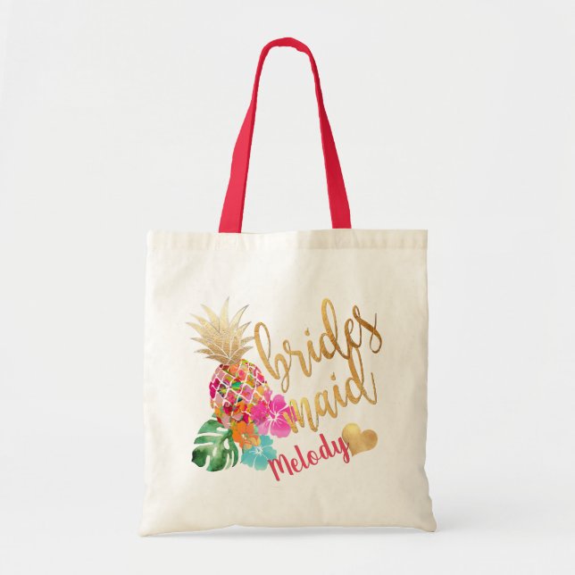 Bolsa Tote Script Dourado PixDezines Pineapple Bridesmaid/Fau (Frente)