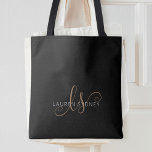 Bolsa Tote Script Feminino Dourado Preto Moderno Monograma<br><div class="desc">Escrito Feminino Dourado e Preto Moderno Monograma de tote. Personalize facilmente esta mochila elegante moderna com o seu monograma e nome personalizados.</div>