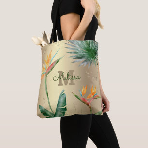 Bolsa Tote Script Monograma Floral de Ilha Tropical de Folha