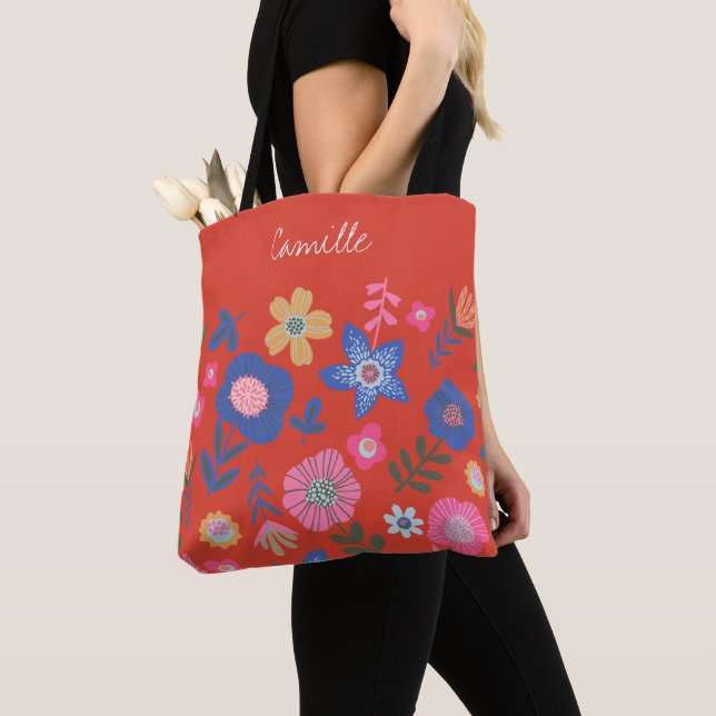 Bolsa Tote Script Personalizado Vermelho Floral Tropical Vibr (Close Up)