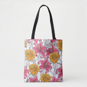 Bolsa Tote Seamless pattern with roses and lilies. Hand drawn