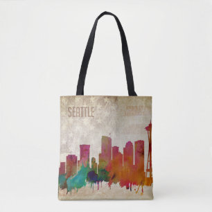 Bolsa Tote Seattle, skyline da cidade da aguarela de WA  