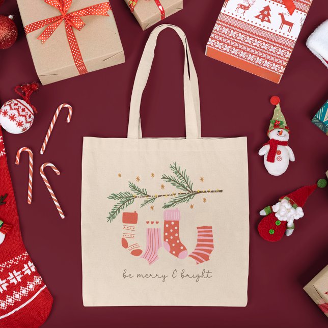 Bolsa Tote Seja Feliz e vermelho brilhante e feriado de Natal (Criador carregado)