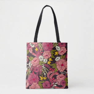 Bolsa Tote Selva floral com padrão cobra, flor tropical