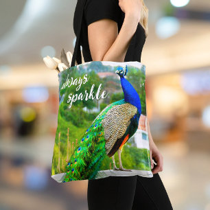 Bolsa Tote "Sempre foto do pavão do verde azul das citaçõe