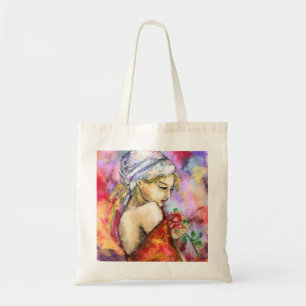 Bolsa Tote Senhora com Rosa - Pintura Original da Mulher Abst