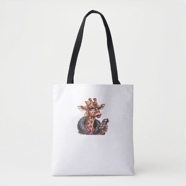 Bolsa Tote Senhora Girafa Adorável Aplicando Maquiagem Com Ol (Frente)