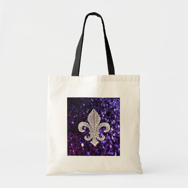 Bolsa Tote Sequins da flor de lis da jóia da faísca roxos (Frente)
