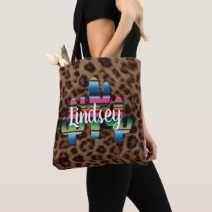 Bolsa Tote Serape Cactus Leopard Impressão de Vaca