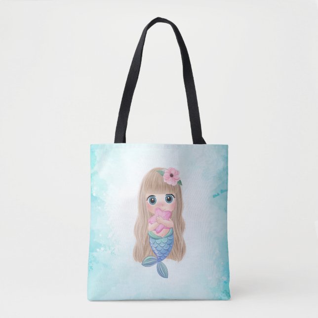 Bolsa Tote Sereia Bebê Adorável Fofo, Mar (Frente)