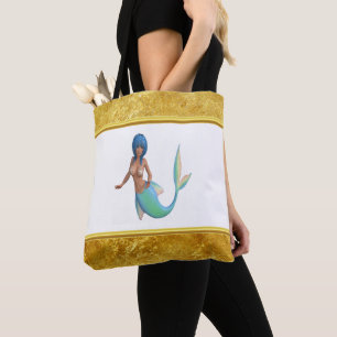 Bolsa Tote Sereia com cabelos turquesa e cauda