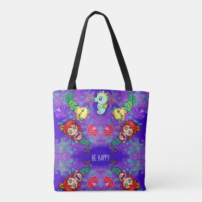 Bolsa Tote Sereia Feliz com Gato Cinto e Sol Oceânico (Verso)