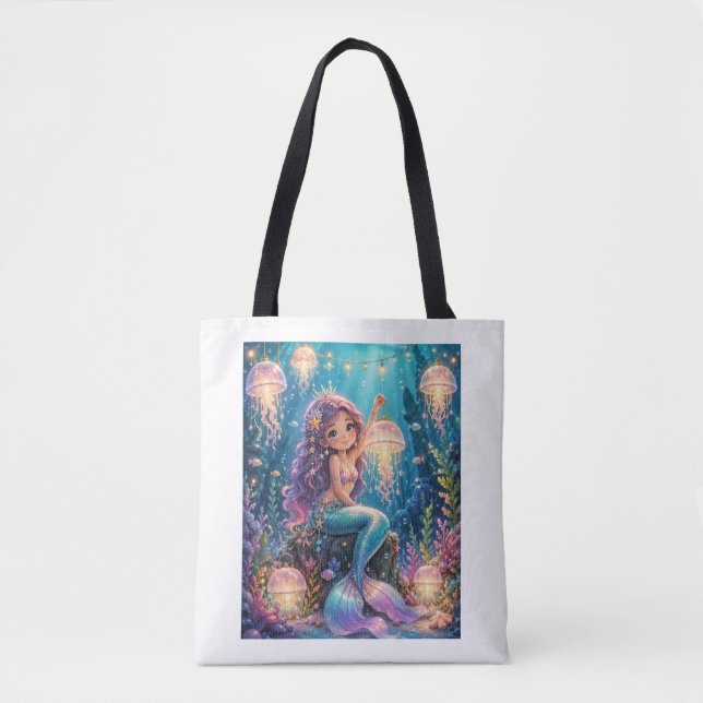 Bolsa Tote Sereia fofa com lanterna de água-viva (Frente)