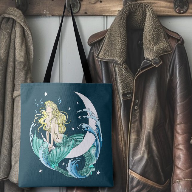 Bolsa Tote Sereia Loira Lua Crescente Arte Deco Fantasia (Criador carregado)