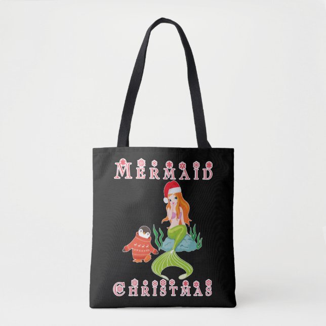 Bolsa Tote Sereia Natal e Pinguim Engraçado (Frente)