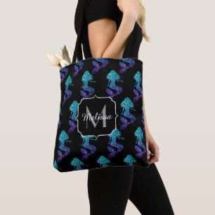 Bolsa Tote Sereia padrão ombre azul aqua com brilho Monograma