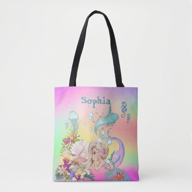 Bolsa Tote Sereia Tema Cute Arco Arco-Íris (Frente)