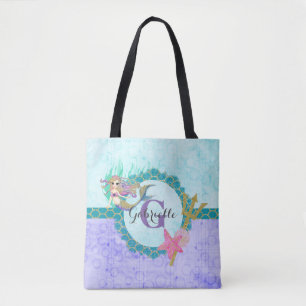 Bolsa Tote Sereia Úmida Cúbica Teal e Monograma Roxo