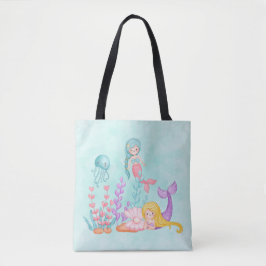 Bolsa Tote Sereias e medusas sob a aquarela marítima