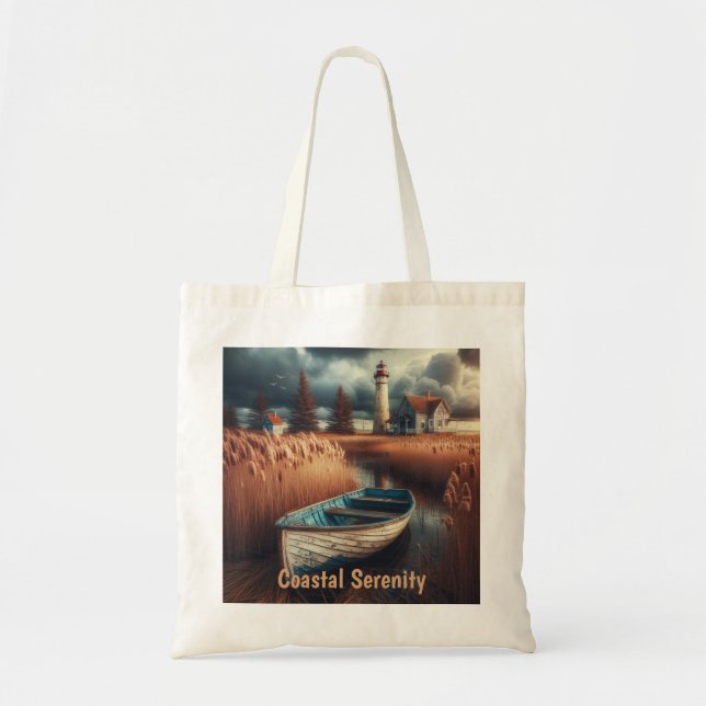 Bolsa Tote Serenidade Costeira: Farol e Rowboat (Frente)