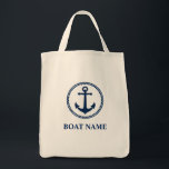 Bolsa Tote Seu Barco Nome Sea Anchor Eco Friendly Grocery<br><div class="desc">Âncora azul do mar marinho náutico com seu nome personalizado, Nome do barco ou texto em uma bolsa de compra reutilizável ecológica. Ajude a proteger nossos oceanos e lagos. Siga verde e salve o planeta com uma lavadora personalizada, sacos reutilizáveis para compras, sem mais plástico. Feita de 12 oz com...</div>