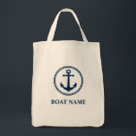 Bolsa Tote Seu Barco Nome Sea Anchor Eco Friendly Grocery<br><div class="desc">Âncora azul do mar marinho náutico com seu nome personalizado, Nome do barco ou texto em uma bolsa de compra reutilizável ecológica. Ajude a proteger nossos oceanos e lagos. Siga verde e salve o planeta com uma lavadora personalizada, sacos reutilizáveis para compras, sem mais plástico. Feita de 12 oz com...</div>