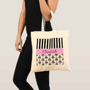Bolsa Tote Seu nome - damasco, ornamento, roda - preto